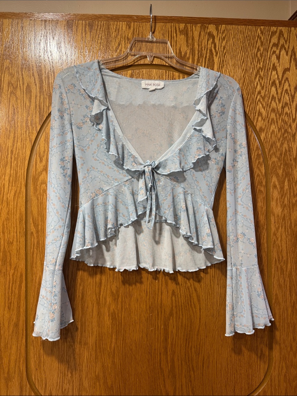 Pink Rose Powder Blue Floral Ruffle Tie-Front Blouse